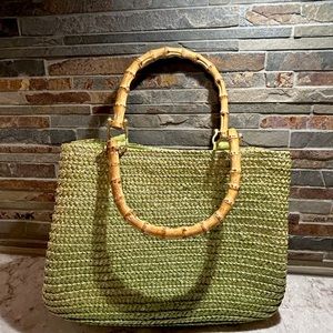 Bamboo handled green hand bag